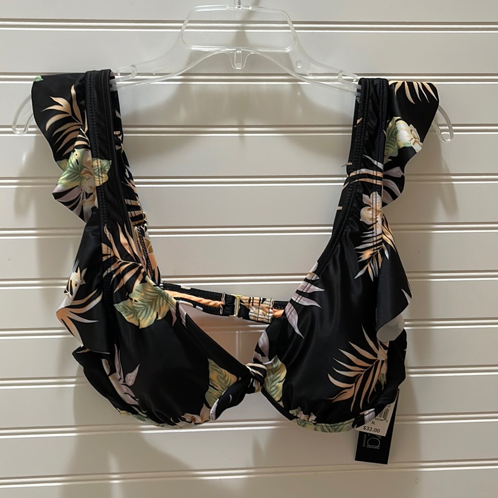 SPRING BREAK READY! Lbiza Black w/Tropical Print Ruffled Shoulder Bikini Top NWT